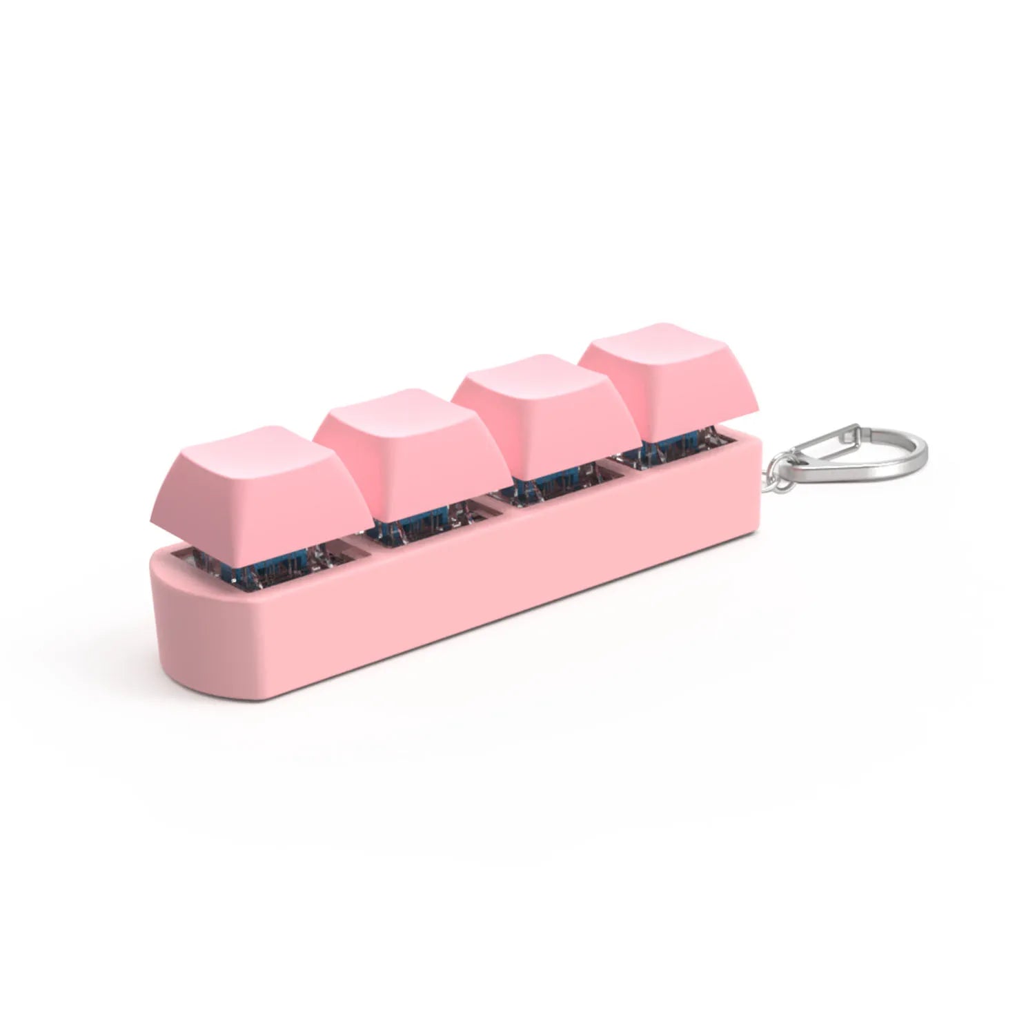 The 4Keys Finger Button Anti Stress Toy is a pink keychain with four mechanical keyboard keycaps and a silver ring, perfect for office decompression and calming. Great gift for kids and adults.