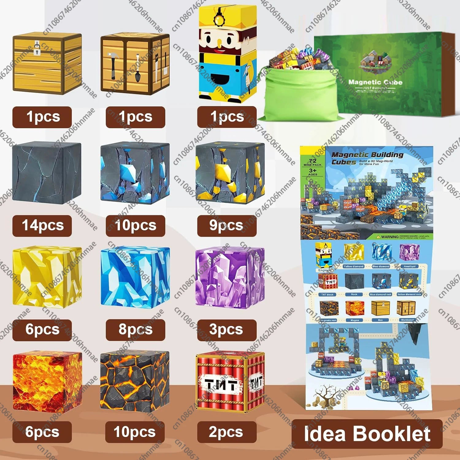 The Magnetic Building Blocks Mine World Magnet Cube Set (SJJ01-72PCS) for kids ages 3+ features Minecraft-style chests, ores, and blocks. Includes an idea booklet and green storage bag for creative Montessori STEM play.