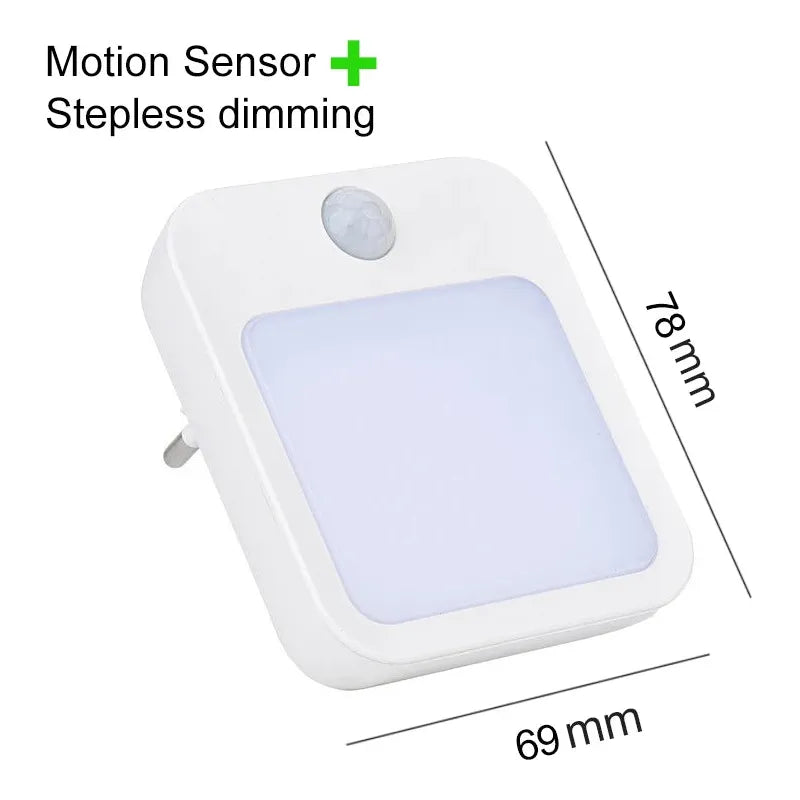 The energy-efficient night light, named Dimmable Motion Sensor LED Night Light with EU Plug, features a sleek white square design with stepless dimming, measuring 78mm x 69mm. It plugs directly into an outlet and is ideal for soft illumination in any room.