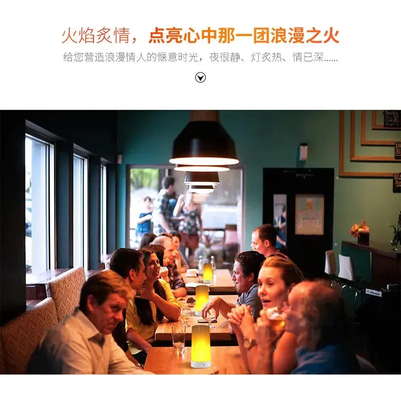 A cozy restaurant features a long table lit by Simulated Flame LED Night Lights, creating an intimate gathering ambiance. Above the image, Chinese text showcases the versatile uses of this charming setting with realistic flame simulation.