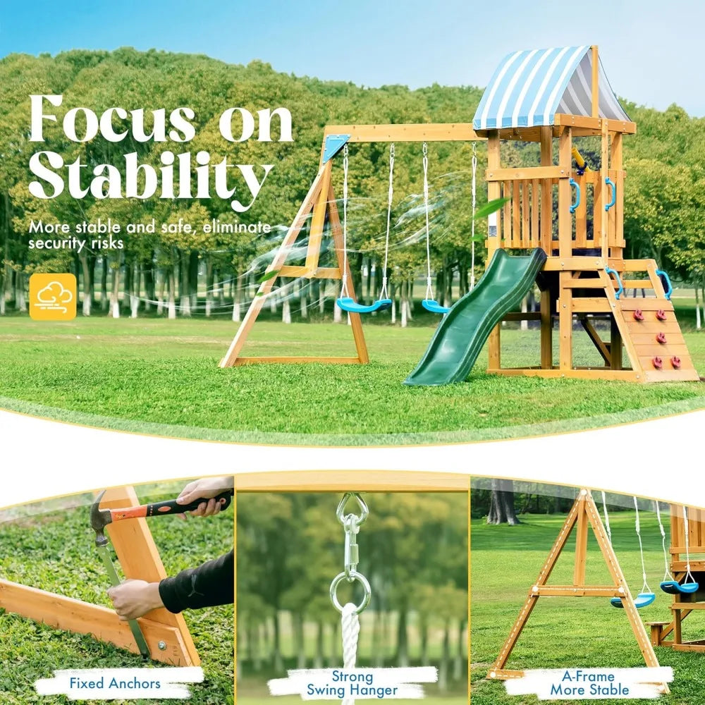 Wooden Swing Set for Backyard - All-in-One Kids Playset: the perfect outdoor play equipment featuring stable A-frame, fixed anchors, and strong swing hanger—ideal for any backyard, set against a green field with trees.