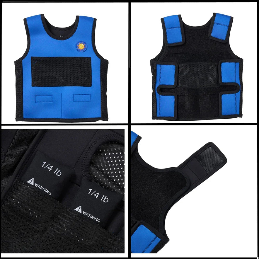 Collage of the Breathable Adjustable Weight Vest for Kids: top left shows front, top right back, bottom left highlights weight pockets, and bottom right features an adjustable Velcro strap. The vest is mainly blue with black accents, offering style and stress relief for boys and girls.