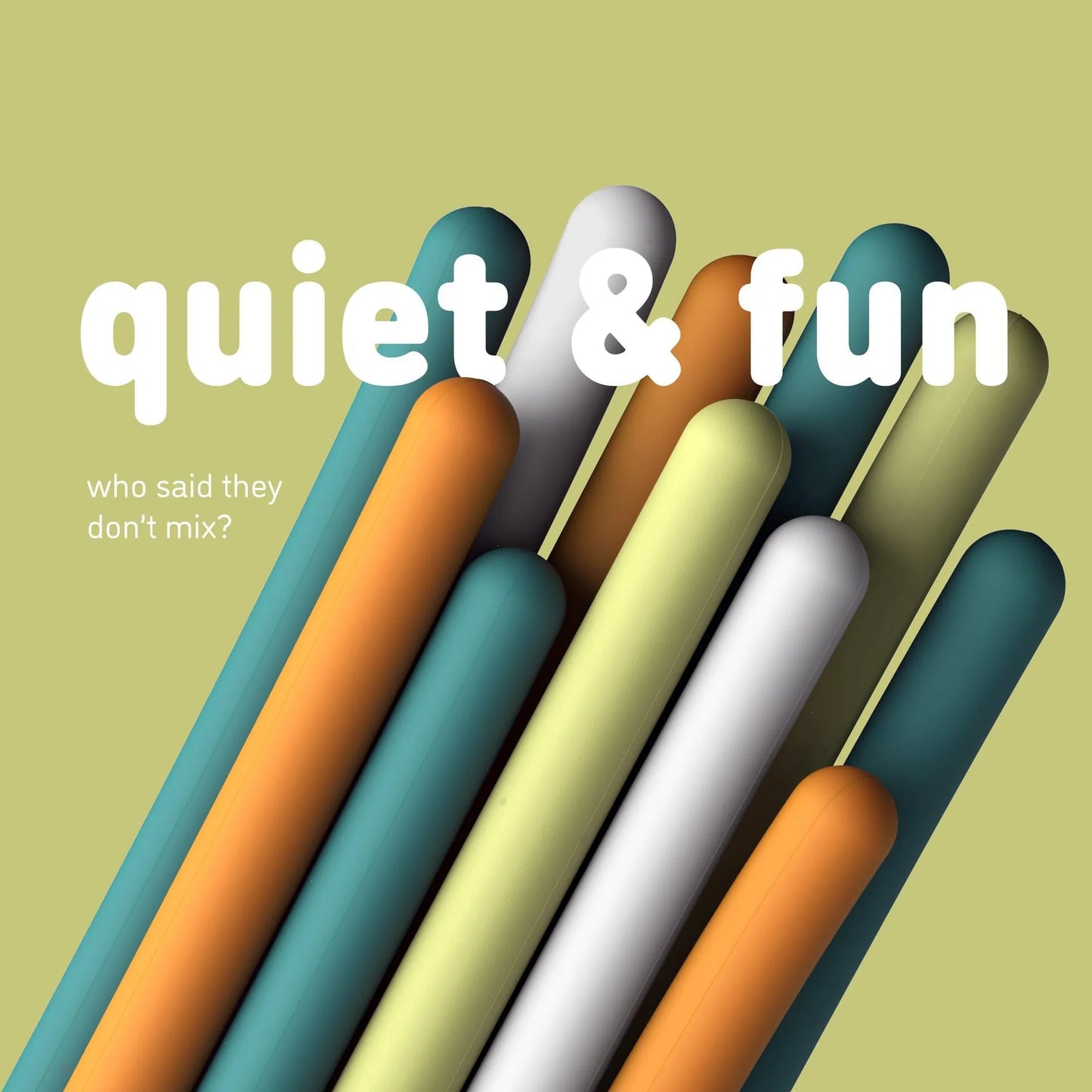Teal, orange, yellow, and white cylindrical rods are grouped on a light green background. Bold white text says “quiet & fun.” Smaller text reads, “who said the Children’s Puzzle Silicone Sensory Activity Board can’t mix both?”.