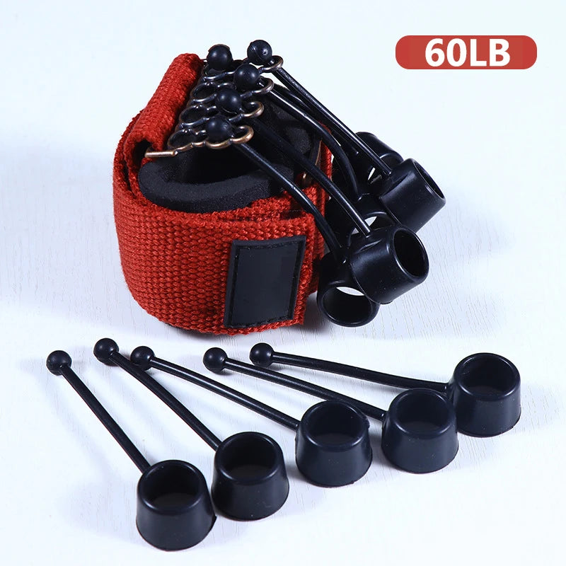 Displayed is a set including black finger savers and a red wrist sling band. The band, marked 60LB for strength, also acts as a grip trainer under the product name: Forearm Grip Strengthener - Hand and Finger Trainer for Enhanced Grip Power. Finger savers have long ends for easy handling.
