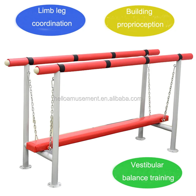 The Soft Play Sensory Swing and Balance Beam Set for Childrens Therapy and Daycare Activities features a red balance beam with hanging bars supported by chains. Its designed to aid childrens sensory integration, improve limb coordination, build proprioception, and enhance vestibular balance.