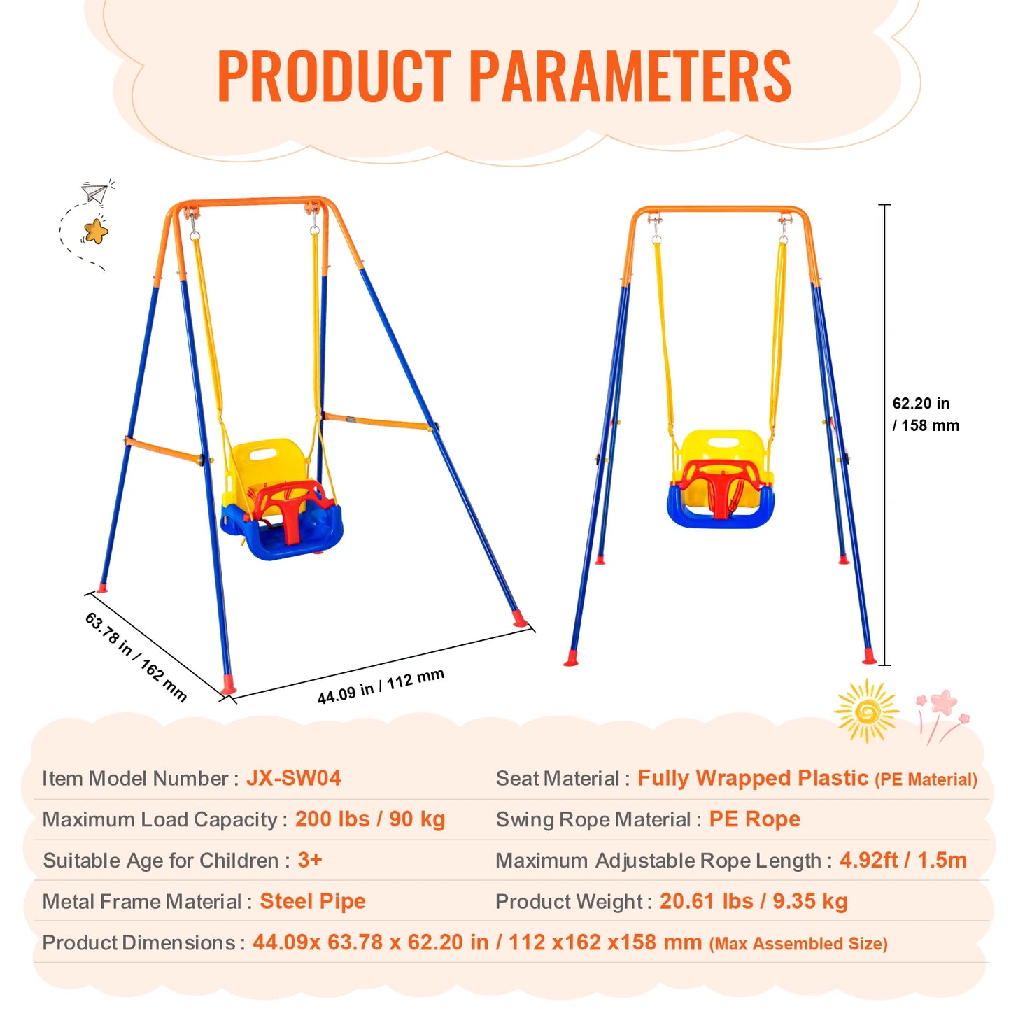The Backyard Adventure Swing Set features a child’s swing with an orange and blue frame and yellow seat, offering versatile swing options. It includes details on dimensions, weight, material, durable construction, and load capacity.