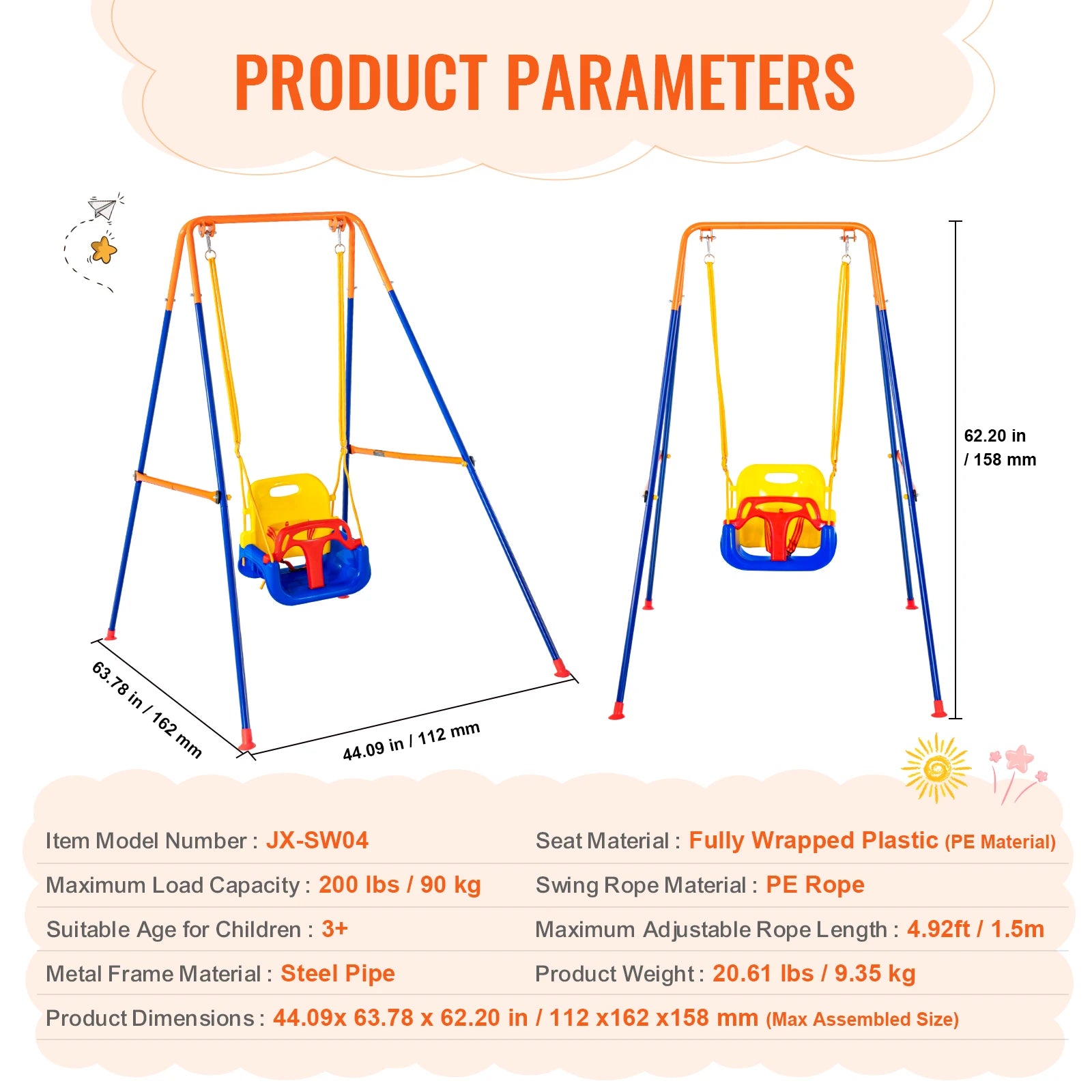 The Backyard Adventure Swing Set features a child’s swing with an orange and blue frame and yellow seat, offering versatile swing options. It includes details on dimensions, weight, material, durable construction, and load capacity.