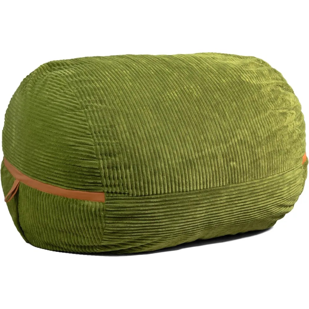 The Fuf XXL Foam Filled Bean Bag Chair in Moss Green (6 feet) features a rounded rectangular shape, a removable cover, and a brown accent strap on one side, shown against a white background.