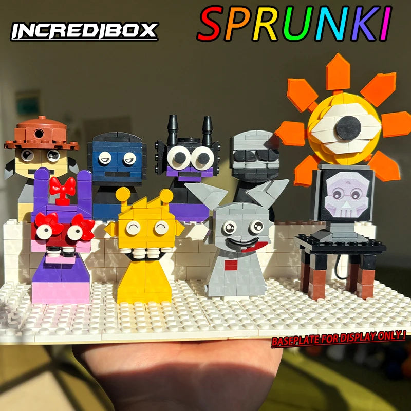 A vibrant LEGO display showcases blocky characters and a sun, with New Moc Incredibox Sprunki Building Blocks Set Horror Anime Music Game Bricks Toy Birthday Christmas Gifts (361pcs) in bold above. Note: BASEPLATE FOR DISPLAY ONLY!.