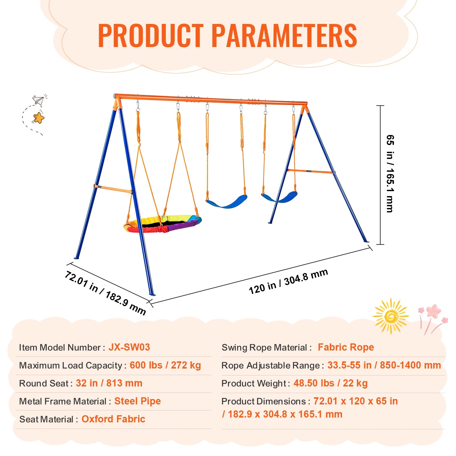 Picture of the Backyard Adventure Swing Set with Saucer and Belt Swings for Kids. It has three swings with blue seats, yellow ropes, a round seat, and a sturdy metal frame. Dimensions, materials, and weight capacity information is detailed below the image.