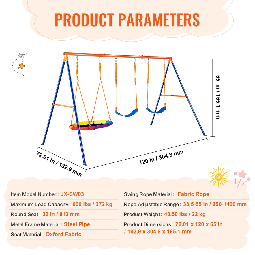 Picture of the Backyard Adventure Swing Set with Saucer and Belt Swings for Kids. It has three swings with blue seats, yellow ropes, a round seat, and a sturdy metal frame. Dimensions, materials, and weight capacity information is detailed below the image.