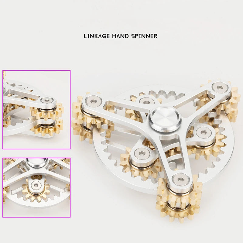 A silver and gold bike chain metal fidget spinner features a central gear system with 9 gears. Insets display gear close-ups. The product name, Bike Chain Metal Fidget Spinner with Magnetic Slider, is prominently shown above the main image.