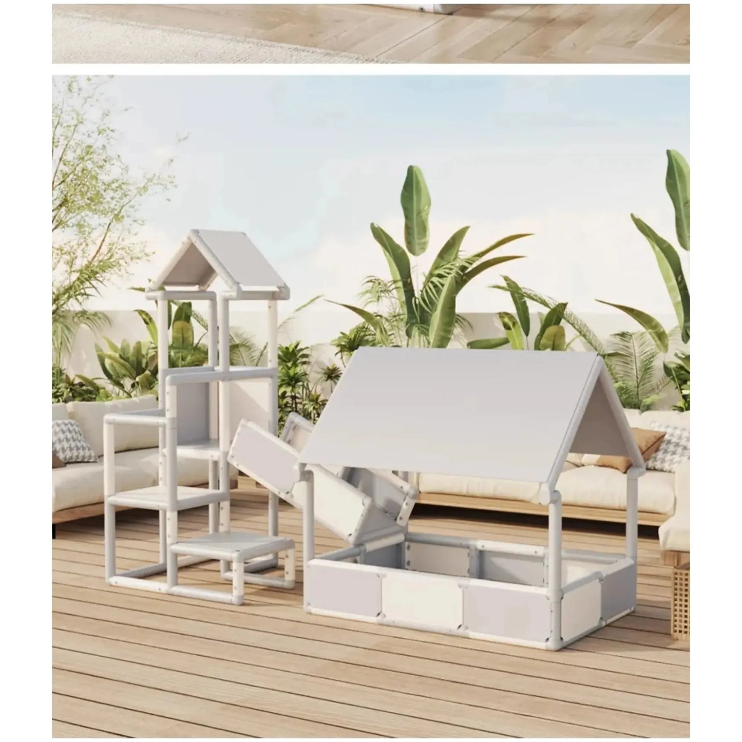 The Indoor Climbing Adventure Set for Kids features a modern outdoor playset including a multifunctional slide, swing, and sensory play structure. Its set on a wooden deck amidst lush greenery and cozy seating with beige cushions—ideal for sensory integration training.