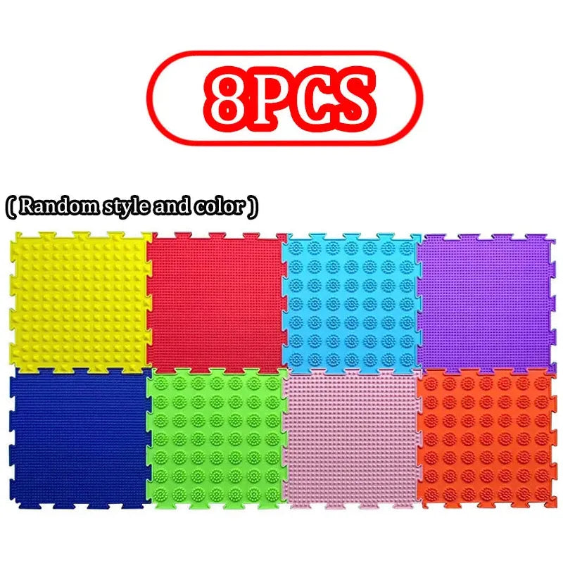 Image of eight interlocking foam mat pieces in various colors and textures, ideal for Montessori Sensory Integration Foot Toys. Displayed in two rows with a red and white 8PCS label, it notes (Random style and color), perfect for balance training and educational play for kids ages 3-6.