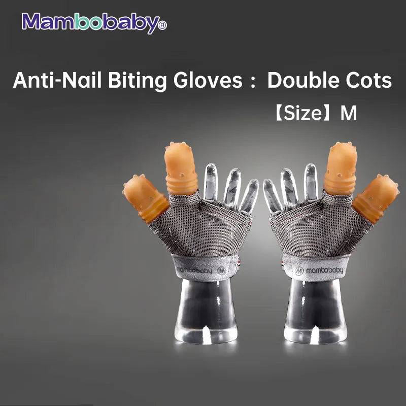 Mambobaby Anti-Nail Biting Gloves in size M are showcased to help stop thumb sucking. They have mesh material with silicone finger cots and flesh-colored caps, elegantly presented on clear hand-shaped stands against a dark background.