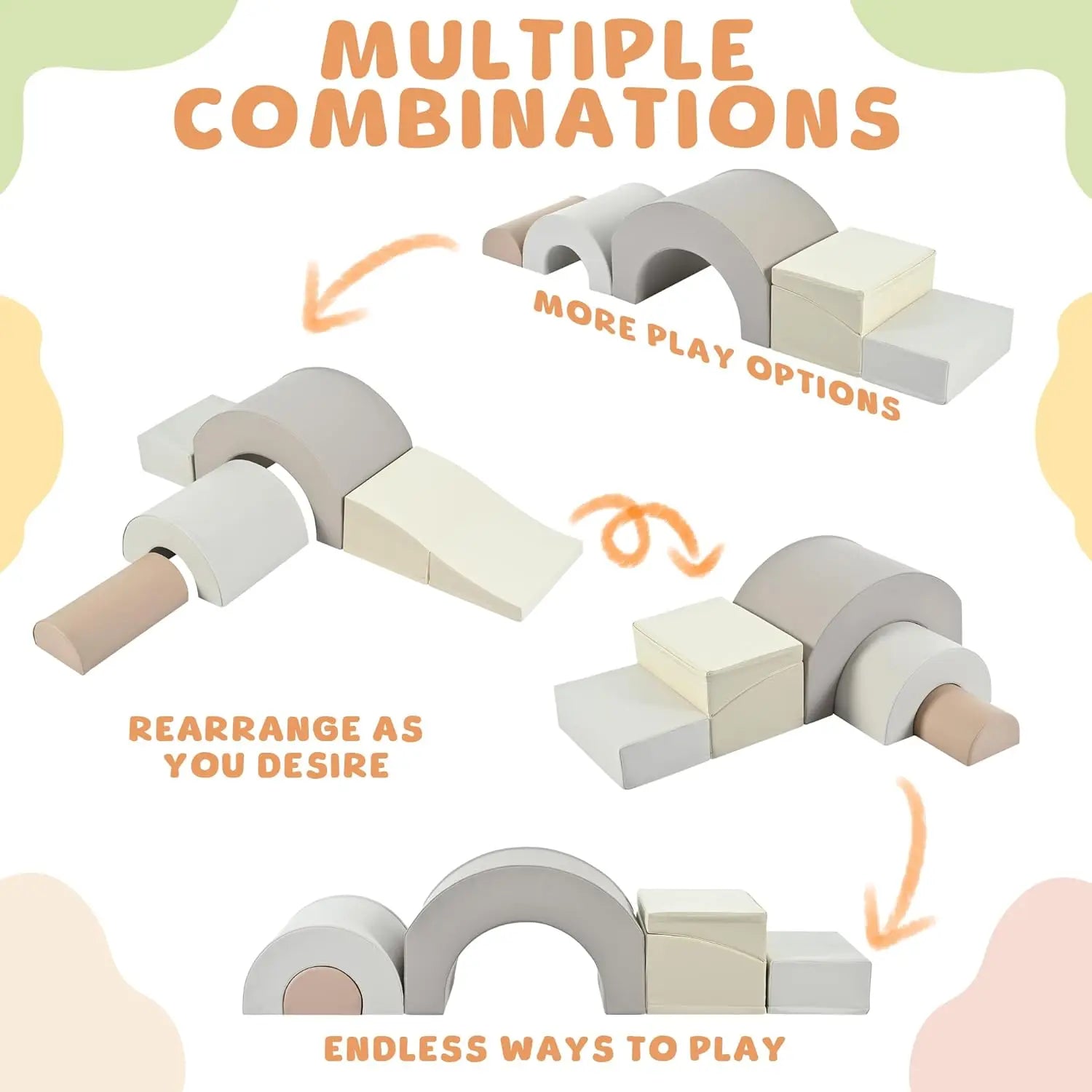 The Rainbow Soft Play Set features soft foam blocks and a foldable slide for toddlers to climb and crawl, offering multiple combinations and endless ways to play indoors. Perfect for creative play for ages 6-12.