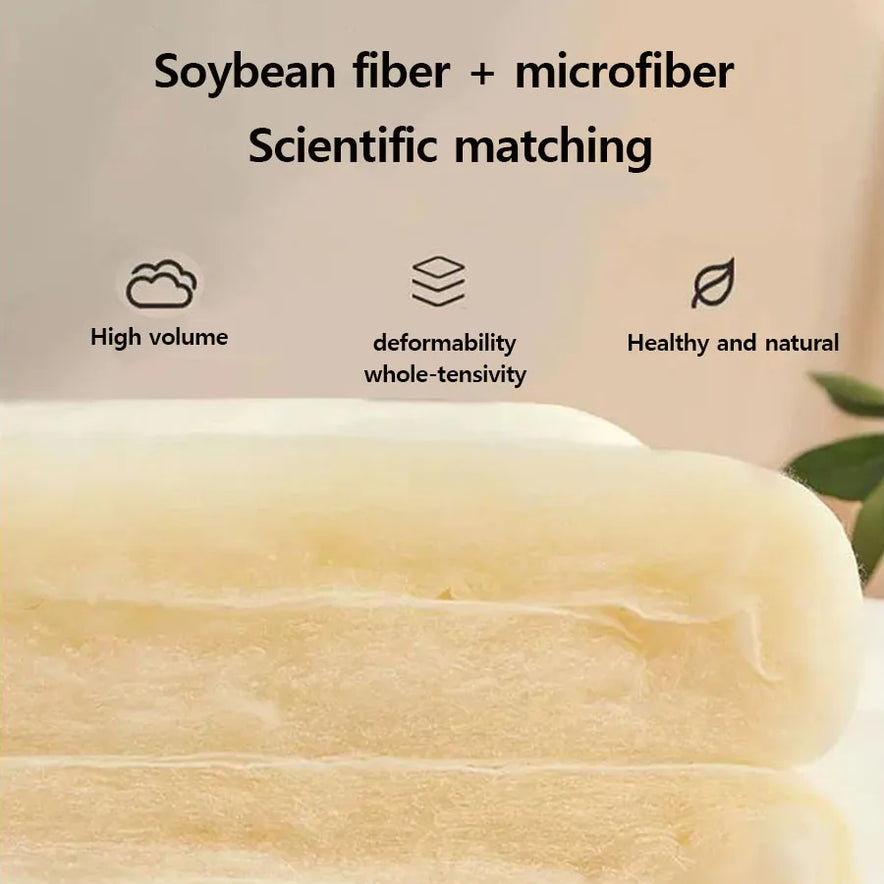 Close-up of cream-colored textile layers with text above: Soybean fiber + microfiber Scientific matching. Featuring Milk Velvet Texture, the KDJEIKZ Ultra Cozy Winter Weighted Blanket is perfect for a super thick winter bed comforter. Icons highlight High volume, deformability whole-tensity, and Healthy and natural.
