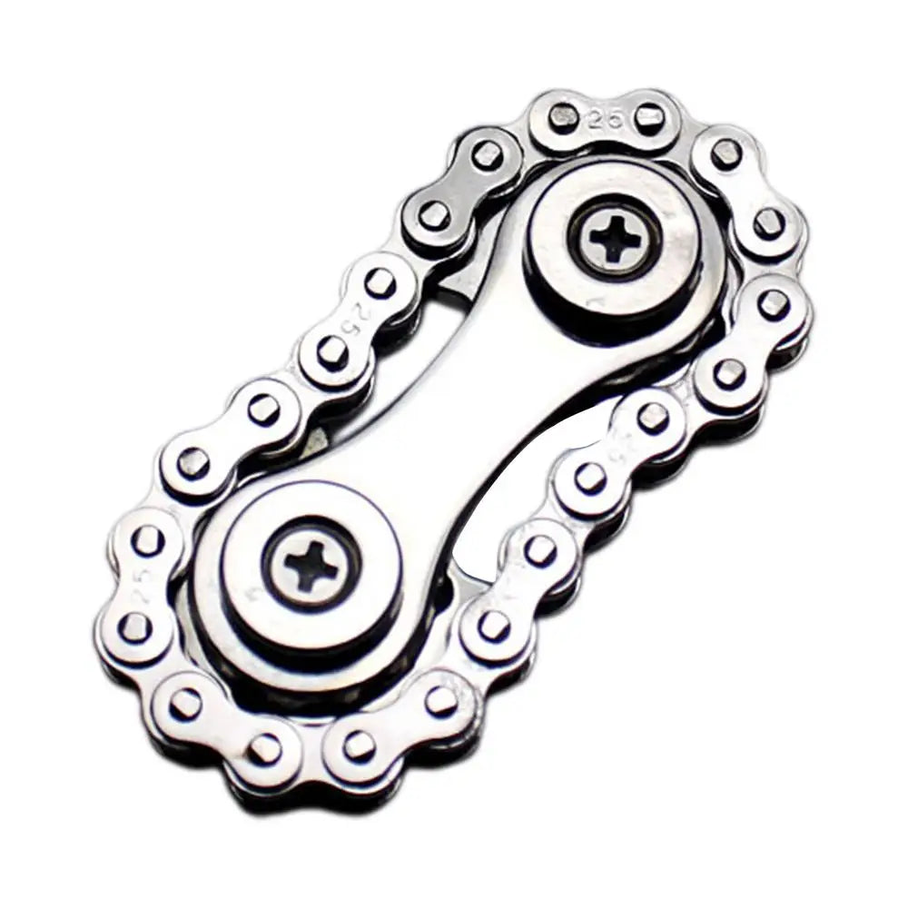 The Sprockets Flywheel Fingertip Gyro fidget spinner features metallic bike chains, two outer links with inner chains, and visible screws at each center. Its shiny silver finish makes it ideal for stress relief and perfect for dropshipping enthusiasts and every fidget fan.