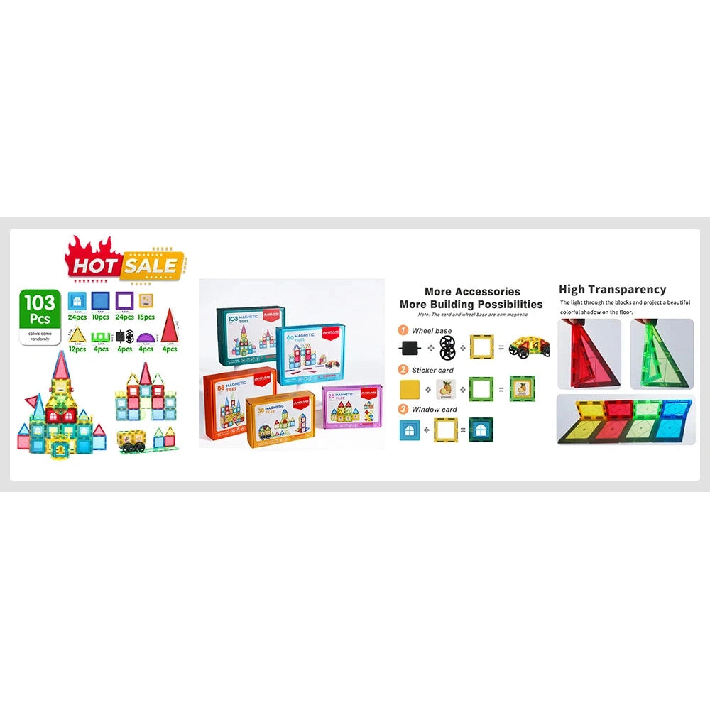Image of vibrant 103-piece magnetic building blocks assembled into a stunning castle, featuring package boxes and accessory details. Text touts a Hot Sale. Its an excellent educational sensory toy to enhance motor skills. Product: Magnetic Building Blocks with Cars - 3D Clear Construction Set for Kids 3-8.