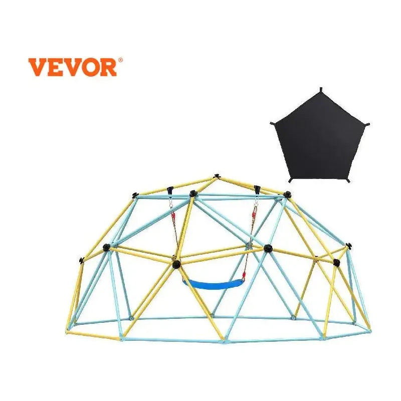 The VEVOR Geometric Dome Climber features blue and yellow bars forming a geometric dome with a hammock swing inside, topped by a black pentagonal shape and the brand logo on the top left.