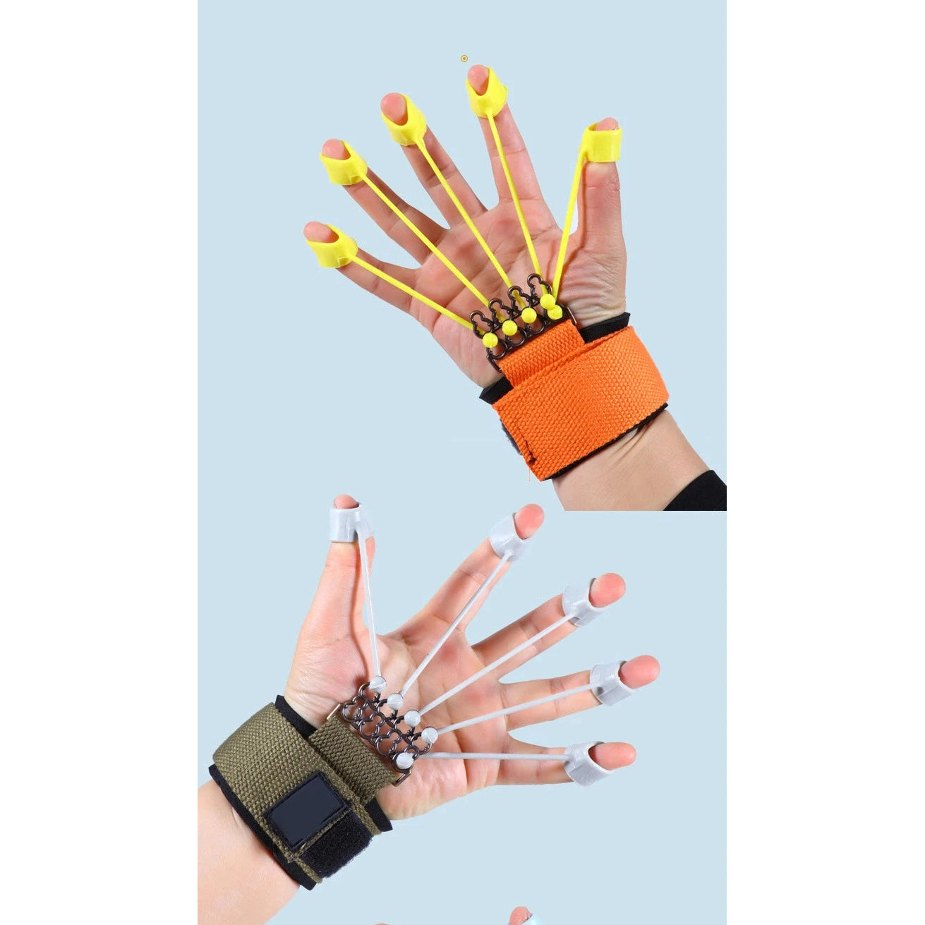 Two hands use the Forearm Grip Strengthener, with finger exercise bands and wrist straps in orange and green. Each finger connects to a tension band, enhancing resistance for hand exercises against a light blue backdrop, targeting fingers and forearms.