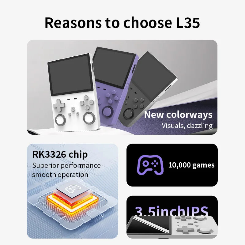 The L35 Retro Handheld Open Source Emulator is shown in white, purple, and black. It features an RK3326 chip for smooth play, 10,000 classic games, open-source support, and a 3.5 IPS display with new color options.