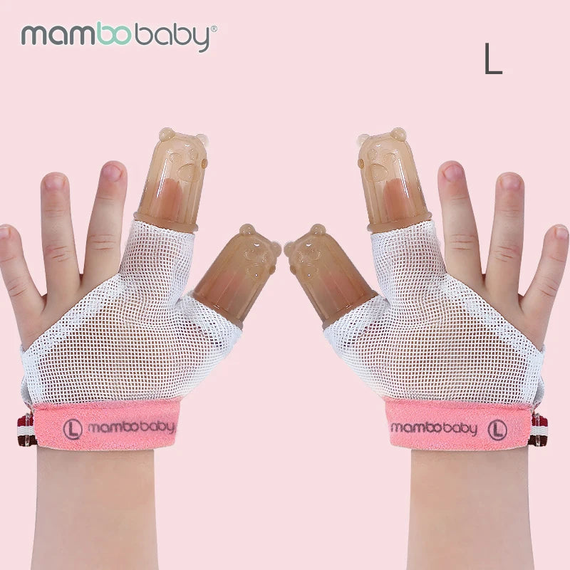 Two hands don white mesh gloves with rubber bear-shaped finger covers designed as anti-nail biting gloves. Pink bands display Mambobaby and an L. The soft pink backdrop adds charm. These are Mambobaby Anti-Nail Biting Gloves with Silicone Finger Cots for stopping nail-biting habits.