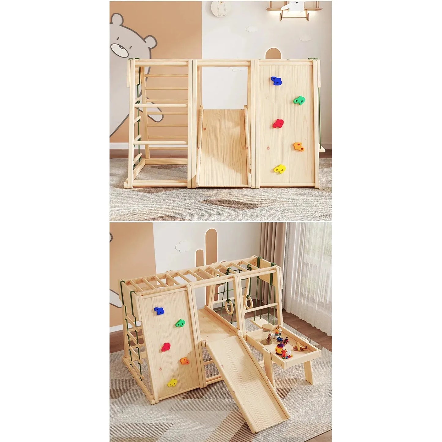 The Indoor Wooden Climbing Frame for Kids, featuring a slide and swing, provides sensory play with its climbing wall and rope elements. It sits on a light floor against a cartoon bear mural, fostering a playful atmosphere to encourage childrens physical activity and fun.