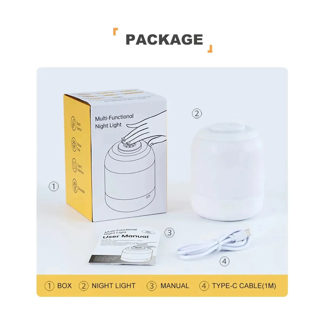 The package includes a yellow and white box, the Touch Control LED Night Light Lamp with 3 Color Settings, a user manual, and a 1-meter Type-C cable. The packaging showcases images and text detailing the USB rechargeable bedside lights touch sensor features for kids and babies.