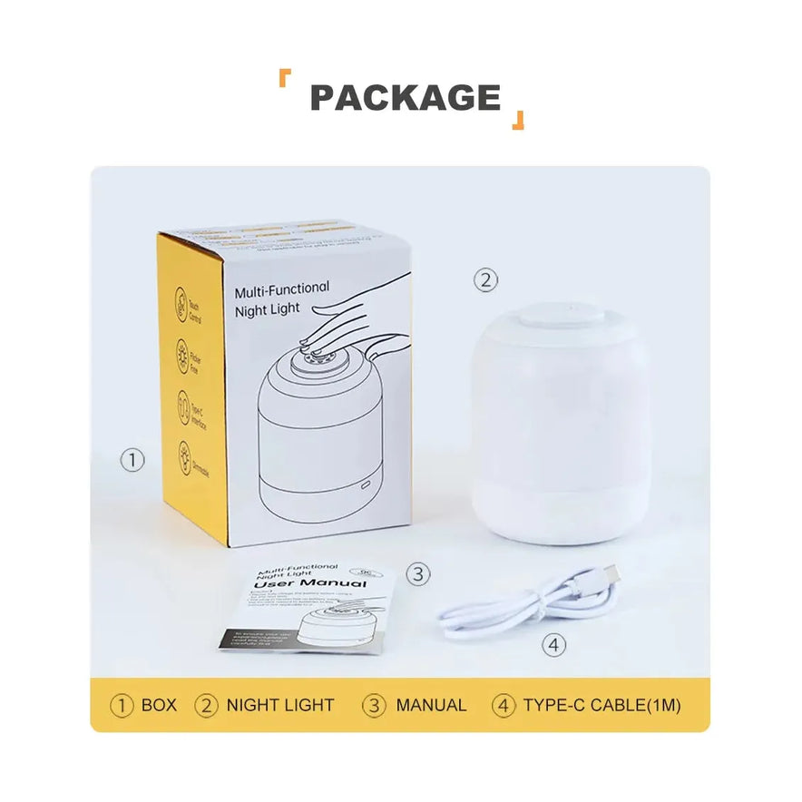 The package includes a yellow and white box, the Touch Control LED Night Light Lamp with 3 Color Settings, a user manual, and a 1-meter Type-C cable. The packaging showcases images and text detailing the USB rechargeable bedside lights touch sensor features for kids and babies.
