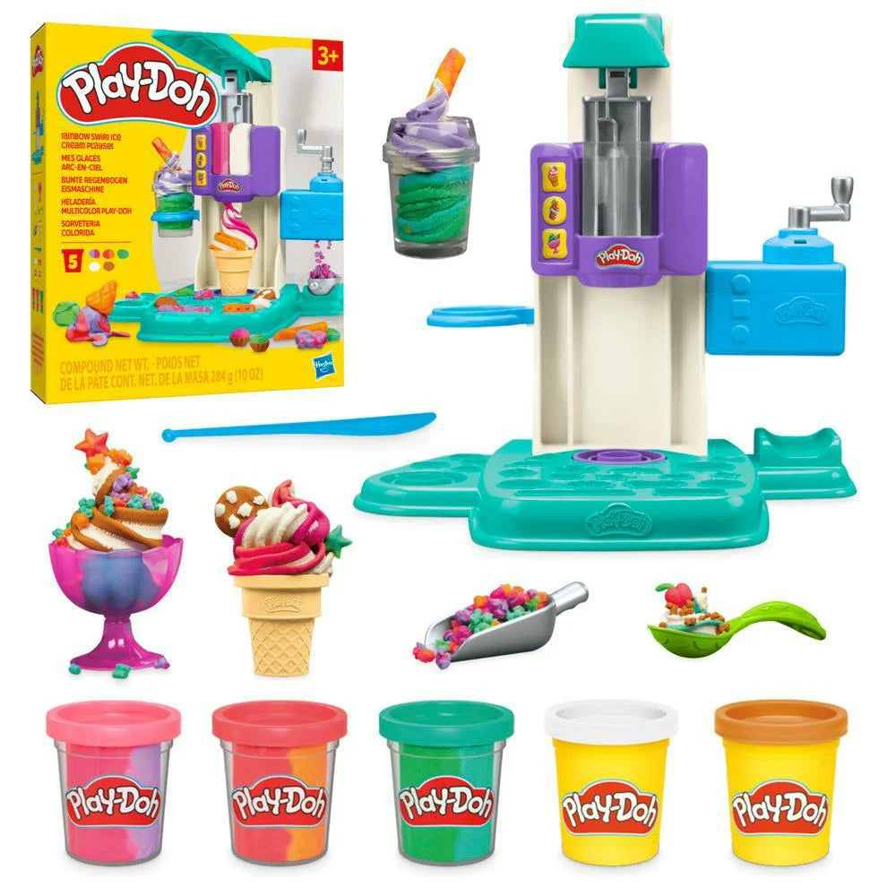 Spark creativity with the Hasbro Play Doh Rainbow Swirl Ice Cream Playset, featuring an ice cream maker and colorful tools. Craft rainbow swirl creations with accessories and Play-Doh in pink, blue, red, yellow, and green. The box art displays delightful ice cream designs to inspire fun!.