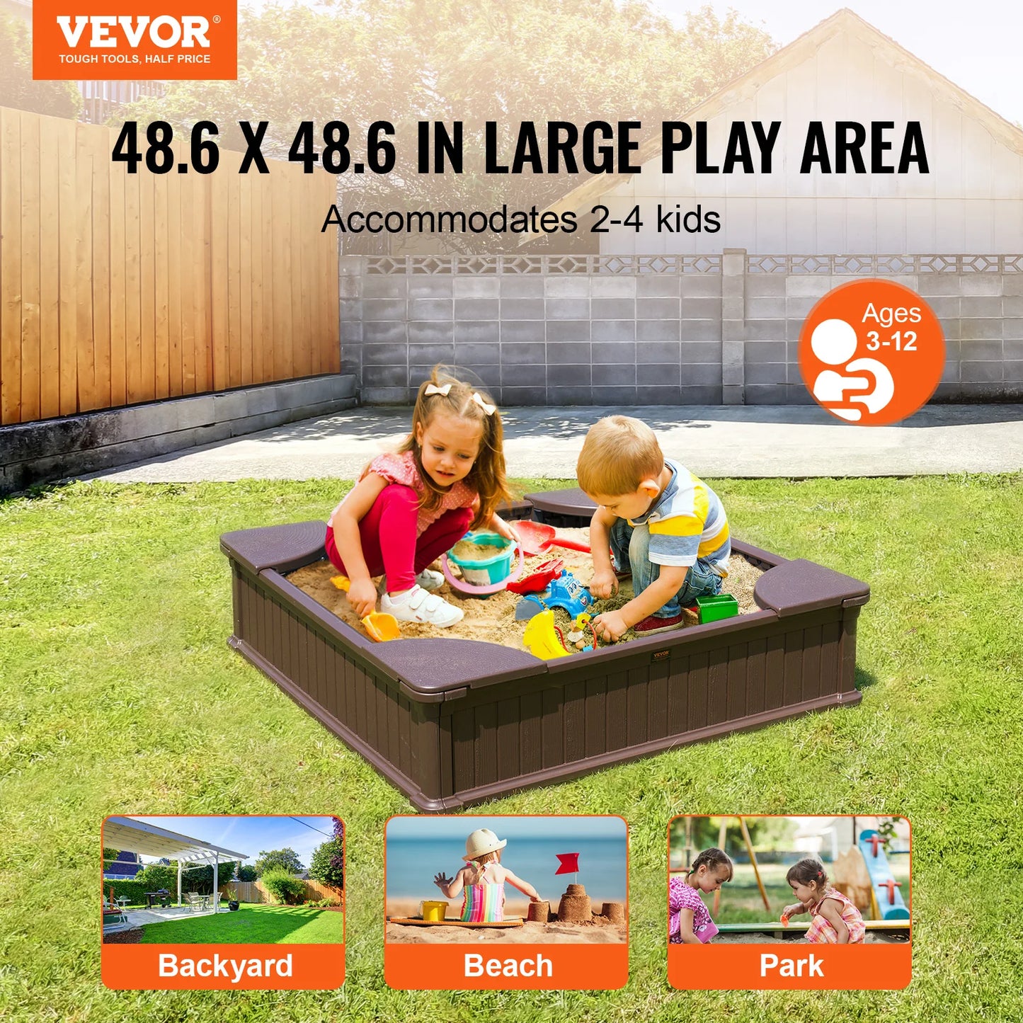 Two young children play in the SucceBuy Sandbox with cover and 4 corner seats, set on grass near a wooden fence. This square sand pit fits 2-4 kids, ages 3-12, and is ideal for backyard, beach, or park outdoor fun.