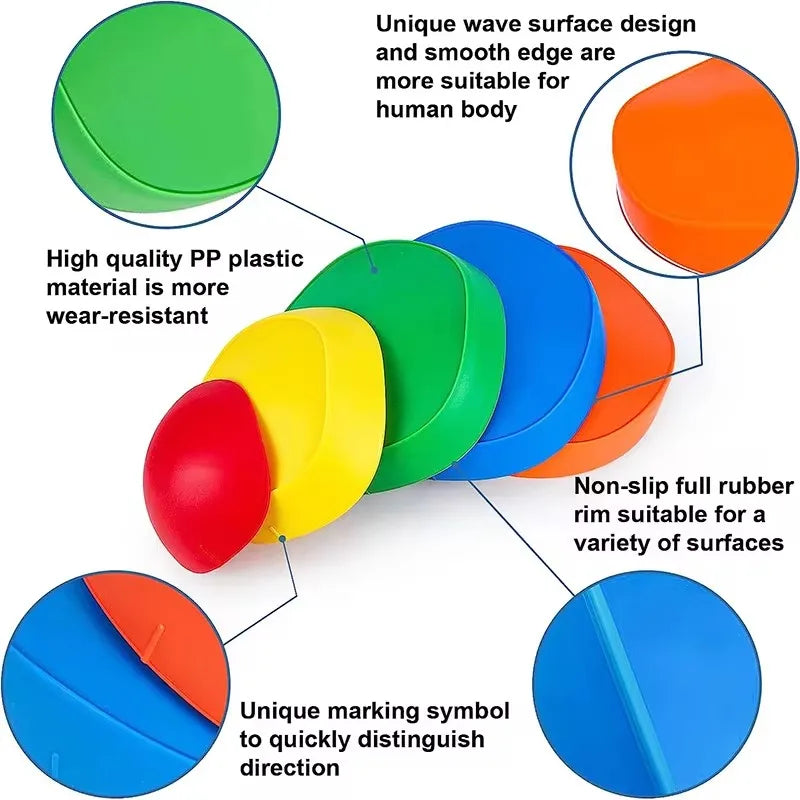 The Adventure Balance Stones kit features vibrant green, yellow, red, blue, and orange cones designed to boost motor skills and balance through a wave surface design. Made from high-quality plastic with non-slip rubber and unique symbols to support sensory balance exercises.