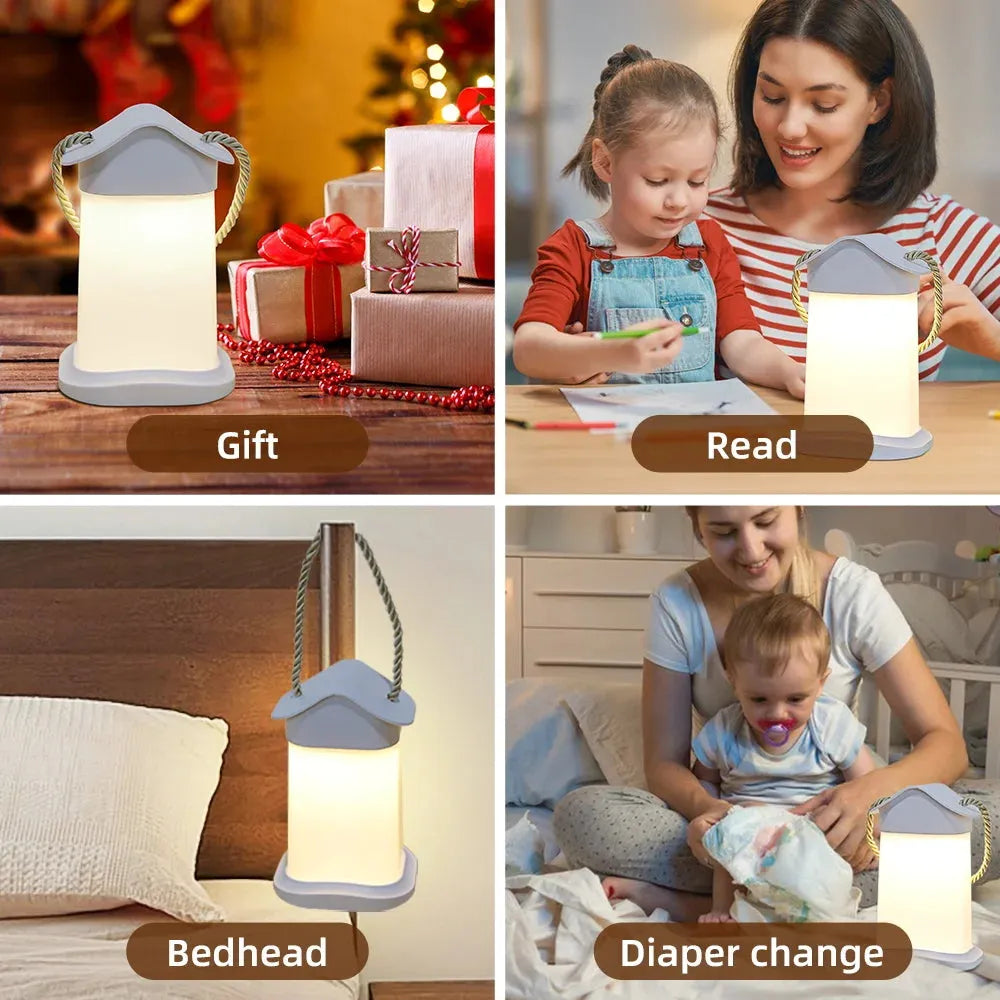 A collage of four images demonstrates the versatility of the Rechargeable Dimmable Touch LED Night Light USB Table Lamp: perfect as a Christmas gift, for reading with a child, as a bedhead night light, and for changing a baby’s diaper. This lamp adds convenience to any setting.