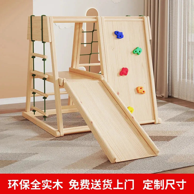 The Indoor Wooden Climbing Frame for Kids features a solid wood playset with a climbing ladder, slide, and colorful holds on the wall. Positioned on a light floor in a room with beige curtains and white walls, it includes red text in Chinese characters enhancing its appeal.