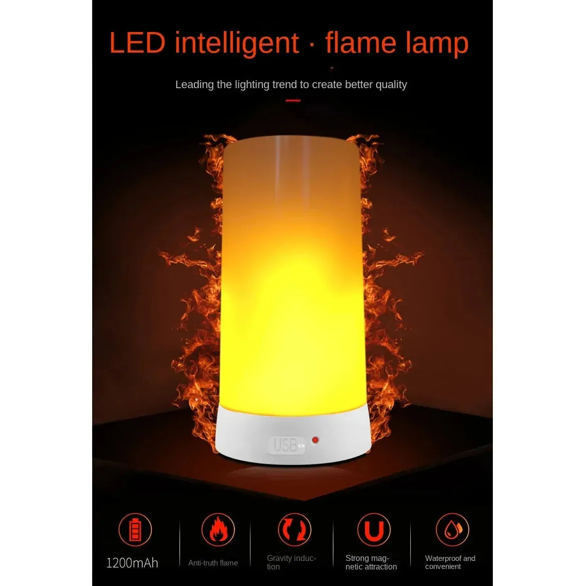 The Simulated Flame LED Night Light emits a warm, fiery glow with features like 1200mAh, realistic flame simulation, and waterproof and convenient. The text above reads LED intelligent flame lamp.