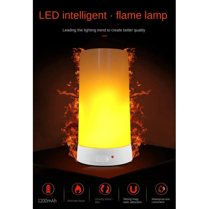 The Simulated Flame LED Night Light emits a warm, fiery glow with features like 1200mAh, realistic flame simulation, and waterproof and convenient. The text above reads LED intelligent flame lamp.