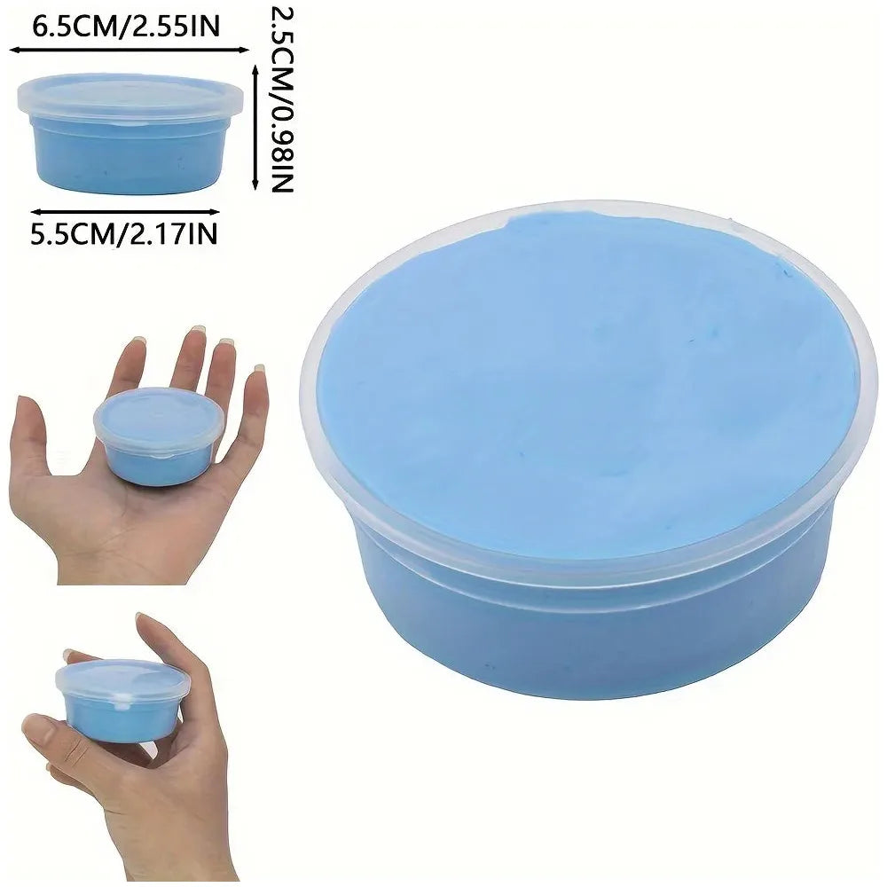 Image of a hand holding a small clear container filled with Sensory 60ml Butter Slime Polymer Putty in blue, resembling butter slime. Its next to a larger container. Dimensions are labeled: small - 6.5cm/2.55in diameter, 2.5cm/0.98in tall; large - 5.5cm/2.17in diameter, showcasing the non-sticky formulas versatility.
.