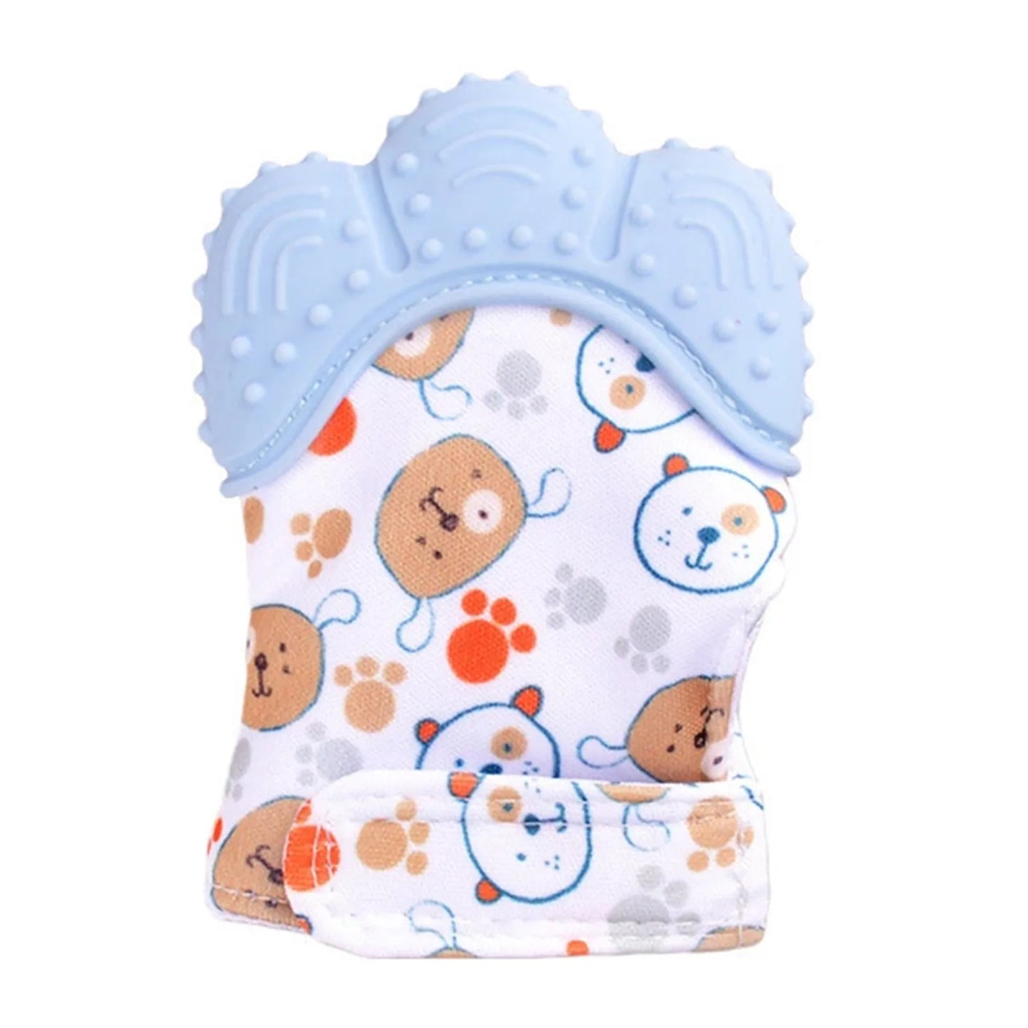 The Baby Silicone Mitts Teething Mitten is a cartoon-shaped glove with a blue silicone top and fabric body featuring animal faces and paw prints, crafted from safe material to provide soothing relief for teething infants.