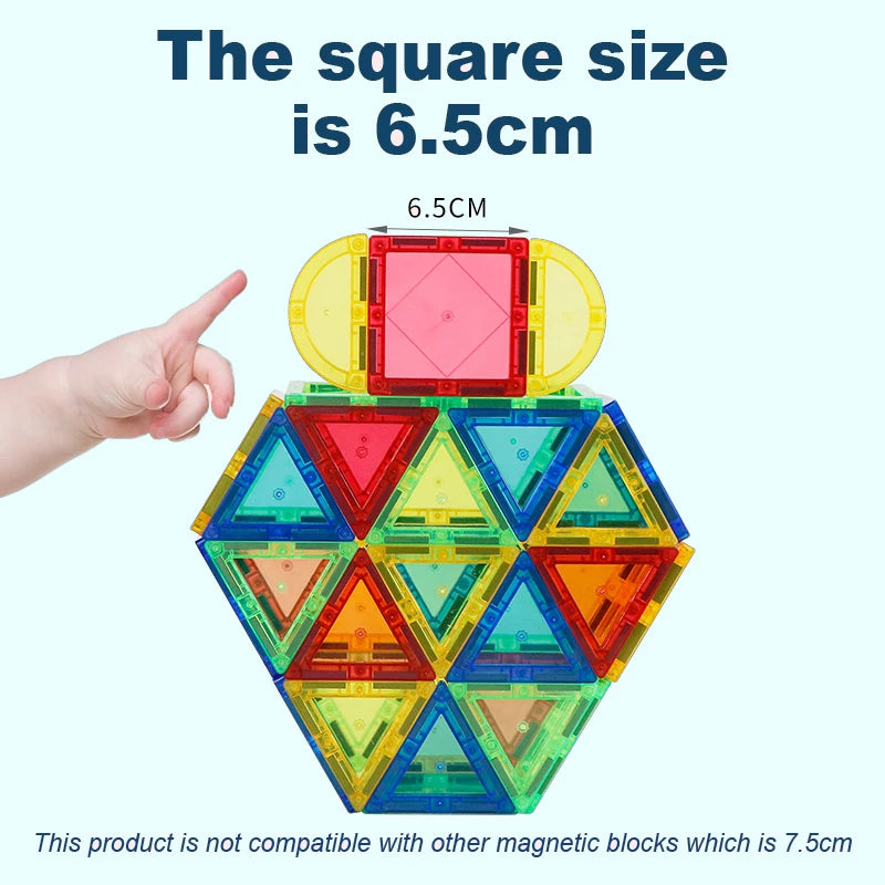 A child points at a diamond-shaped Magplayer Magnetic Tiles Construction Set. Text above says, The square size is 6.5cm, and below, This educational toy doesnt fit with 7.5cm magnetic blocks. Perfect for cognitive development!.