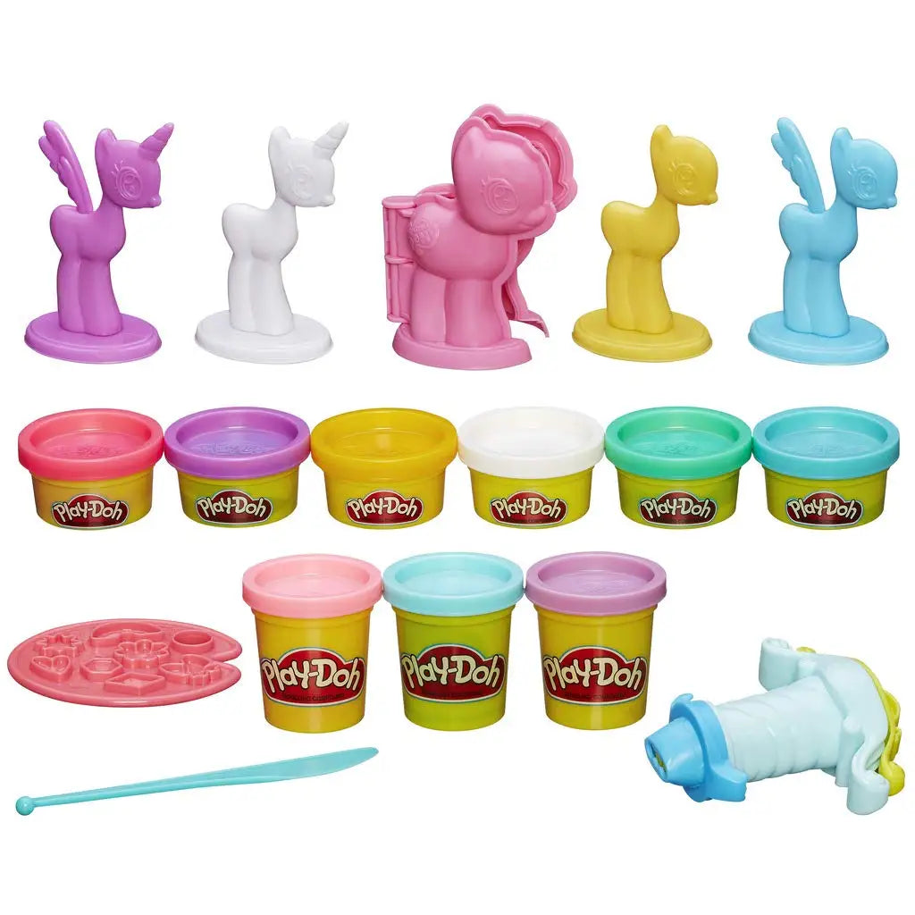 The My Little Pony Play-Doh Modeling Compound Make n Style Ponies set, inspired by TAKARA TOMY, includes pony-shaped molds, pastel dough containers, a blue sculpting tool, pink palette, and mold press—ideal for crafting model ponies effortlessly.