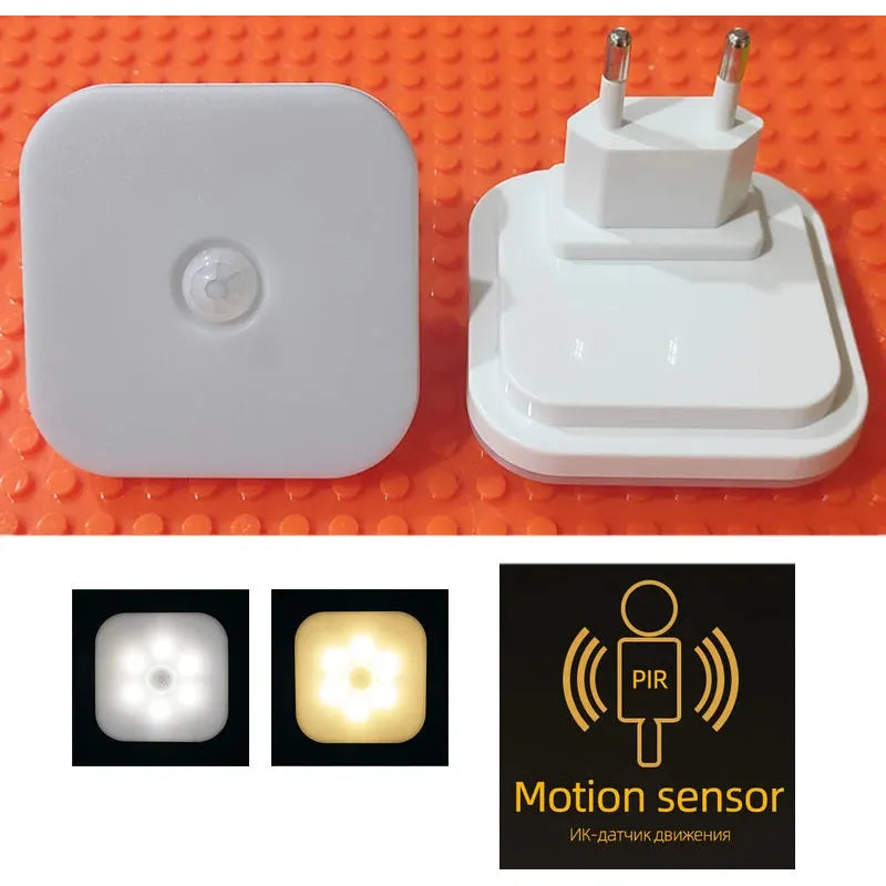 Two Dimmable Motion Sensor LED Night Lights with EU Plugs rest on an orange surface. Below, images show warm and cool settings of these energy-efficient lights. A PIR motion sensor icon is displayed. Perfect for any space, these wireless lights adapt effortlessly to your needs.