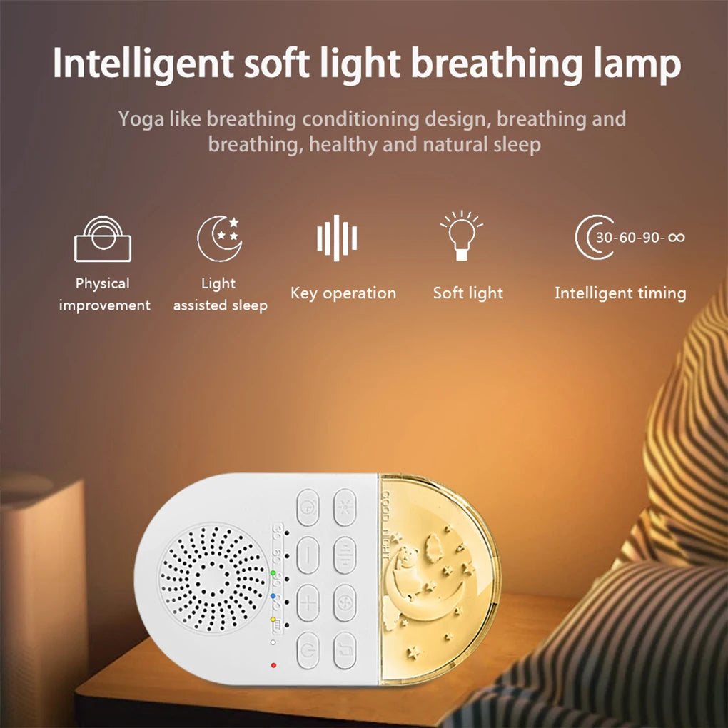 The Travel-Friendly White Noise Machine features a round, white soft light breathing lamp with icons for physical improvement, sleep assistance, easy operation, and intelligent timing. Its portable design enhances healthy sleep through soothing sounds and light-assisted relaxation.