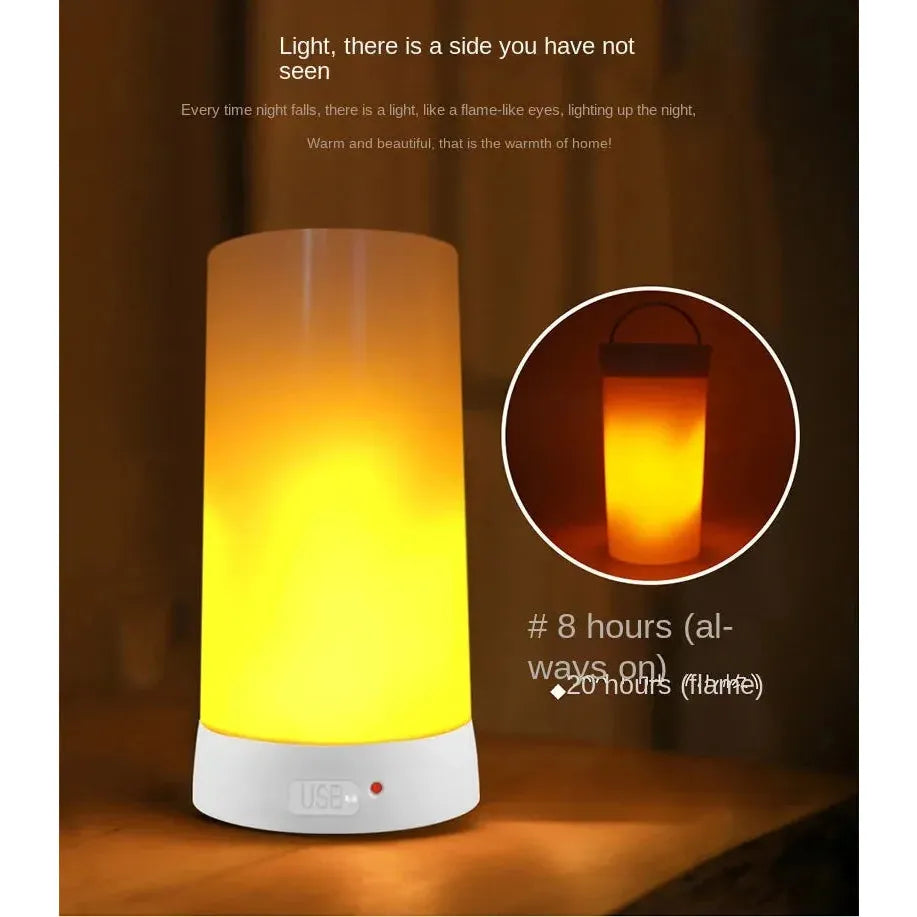 The Simulated Flame LED Night Light is a warm-toned cylindrical lamp with a white base, emitting a gentle glow. It features realistic flame simulation with 8 hours always on and 20 hours in flame mode. A smaller image showcases it as an LED flame lantern with a handle.
