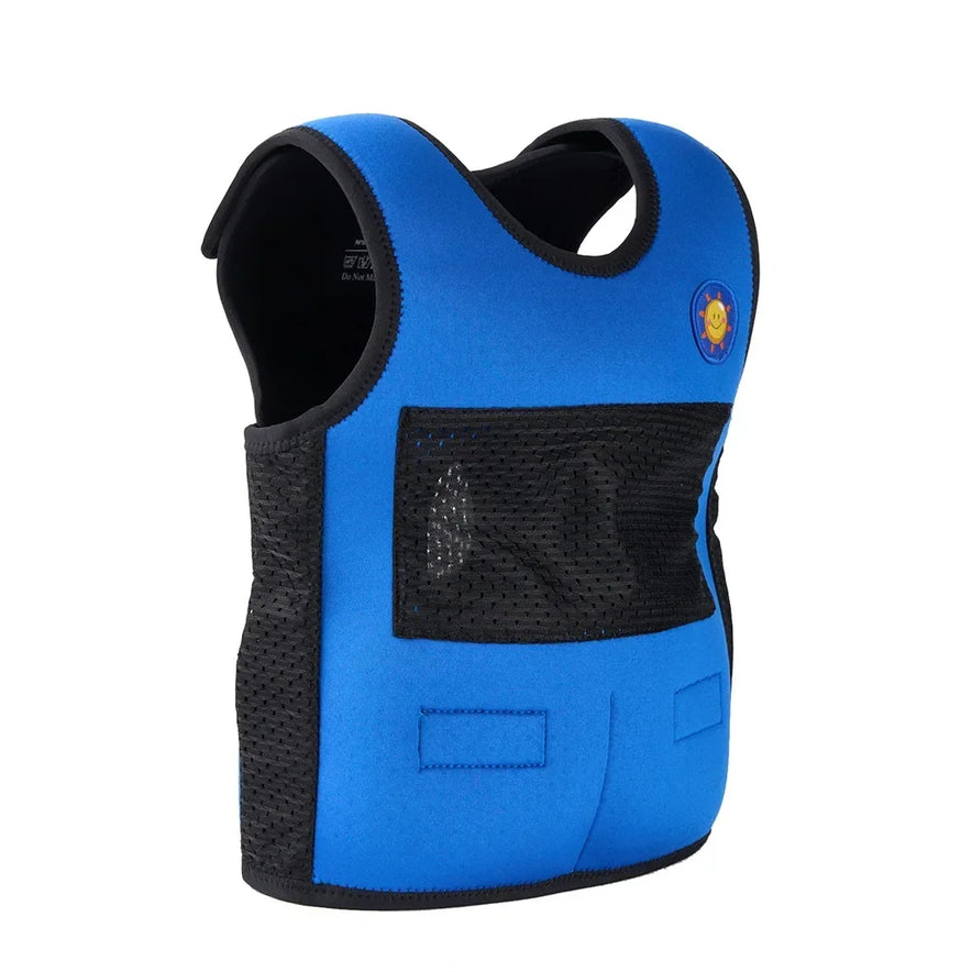 A breathable, blue and black kids life vest with a front mesh pocket and a smiling sun emblem, designed for safety and flotation. It offers emotional comfort and stress relief with its secure fit.