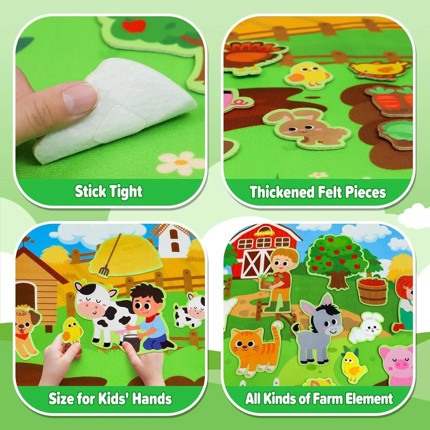 A collage of four images displays the Farm Animals Felt Story Board Set Interactive Play Kit for Toddlers, featuring peelable felt, farm-themed pieces, kids placing animals on the board, and labeled elements—showcasing its educational benefits.