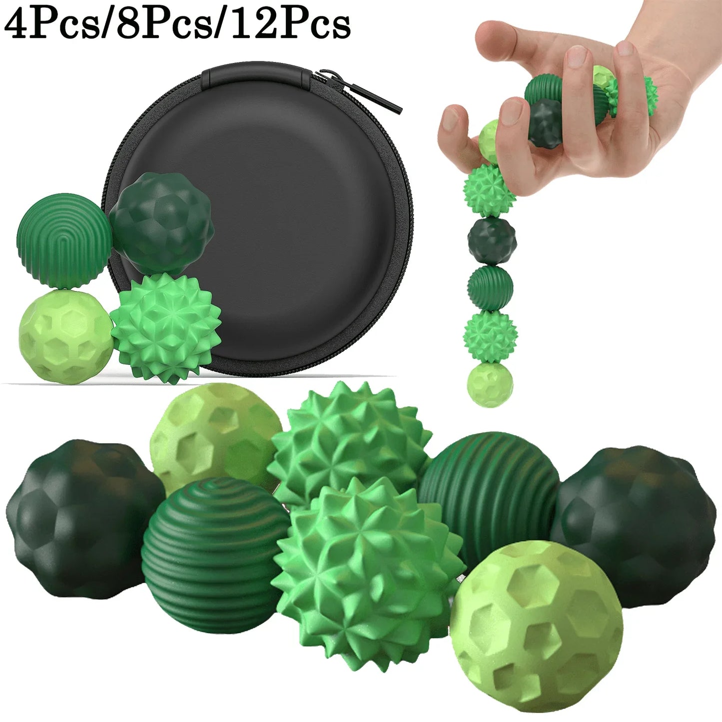 A hand holds textured green silicone magnetic balls from the 4Pcs/8Pcs set for adults to calm restless hands and anxious minds. Other fidget toys and a black zippered case are also shown. Text reads 4Pcs/8Pcs/12Pcs.