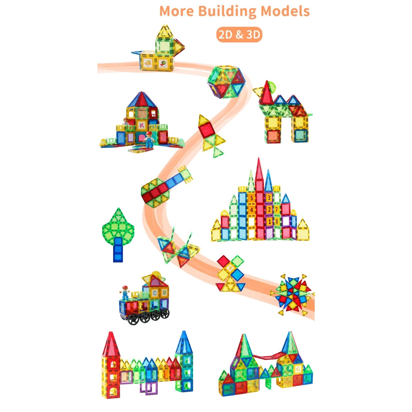 Discover vibrant 2D and 3D models like houses, trees, a castle, and more using the Magplayer Magnetic Tiles Construction Set for Creative Kids. Perfect for cognitive growth, these educational tools are arranged along a curved path with More Building Models 2D & 3D above.