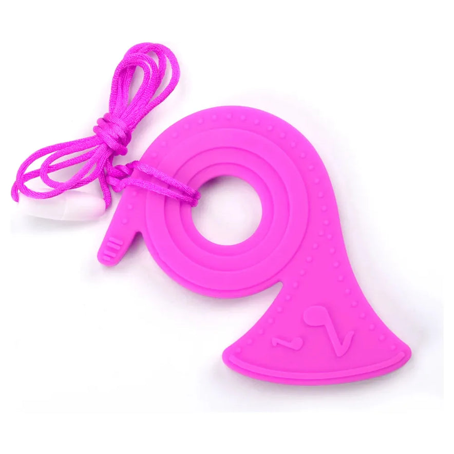 The Silicone Chewable Necklace for Kids is a pink teether pendant shaped like a musical note, featuring a textured surface and adjustable pink cord, ideal for oral motor therapy and therapeutic use in autism and ADHD.