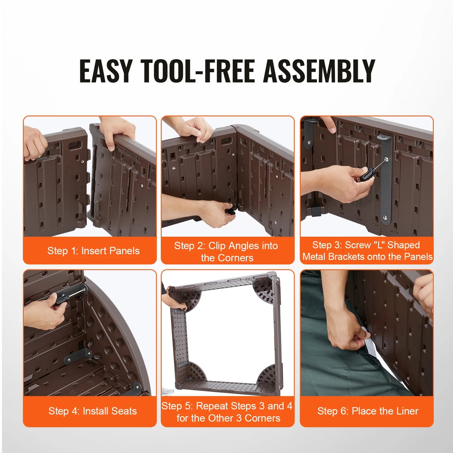 Six-step visual guide for assembling the SucceBuy Sandbox w/ Cover: insert panels, clip into corners, screw L-shaped brackets, attach seats, repeat for each corner, and place bottom liner. Hands show each step.